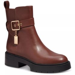 Coach Women Sz 8.5B Lacey Bootie Dark Saddle Brown Leather Platform Boots