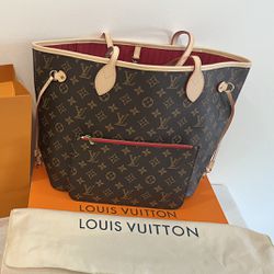 New Authentic Louis Vuitton Brown Monogram Cherry Red Interior MM Neverfull Handbag  