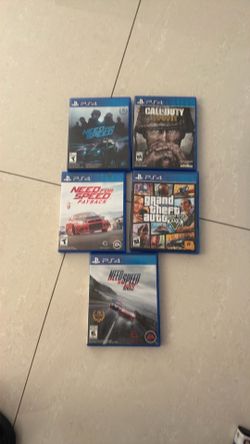 A collection of five PlayStation 4 titles, including Grand Theft Auto V, Call of Duty: WWII, and three Need for Speed racing games, $55