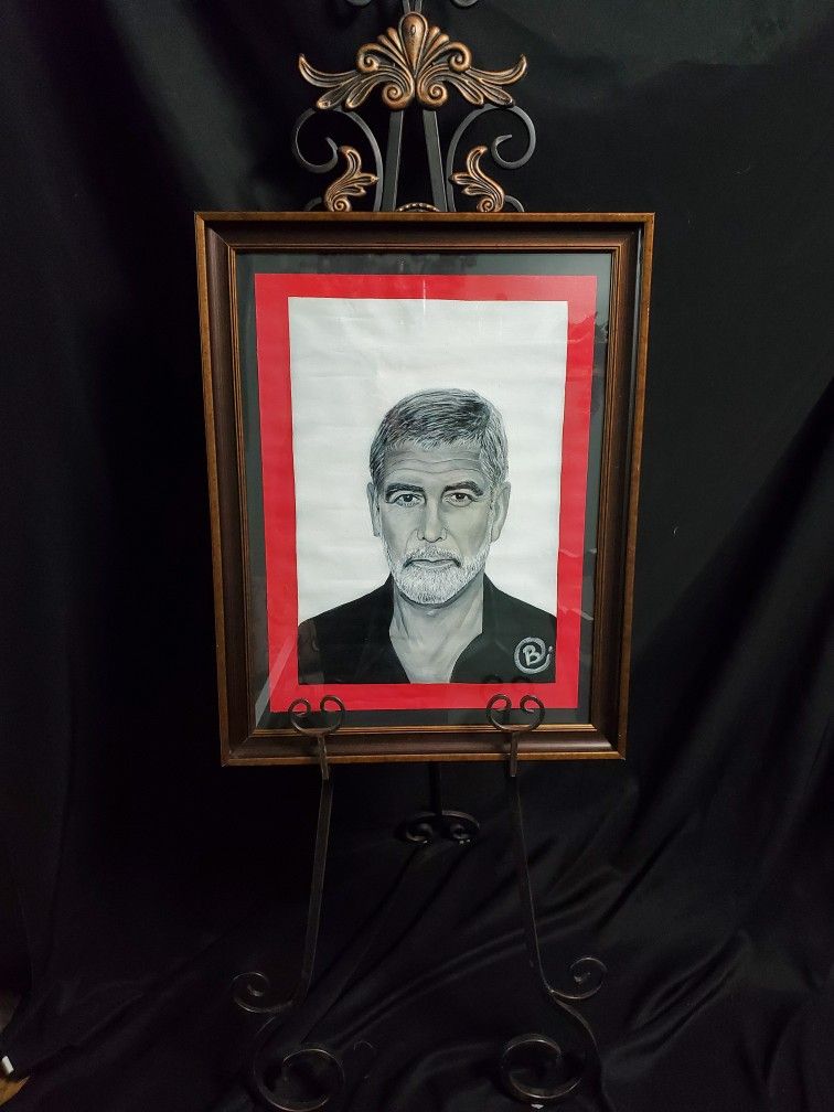 George Clooney. Exclusive One Of A Kind Framed Canvas Painting.