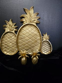 Pineapple Shaped Gold Brass Serving Tray Wall Art Textured Decorative Finish.