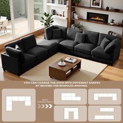 117" Modular Sectional Sofa,U-Shaped Chenille Sofa Couch with Movable Ottoman,Modern 7 Seat Cloud Sectional Couches for Living Room Office Home (Black