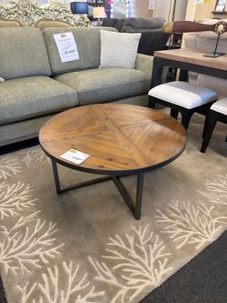 Welded Metal Pine-Look Plank Round Cocktail Table