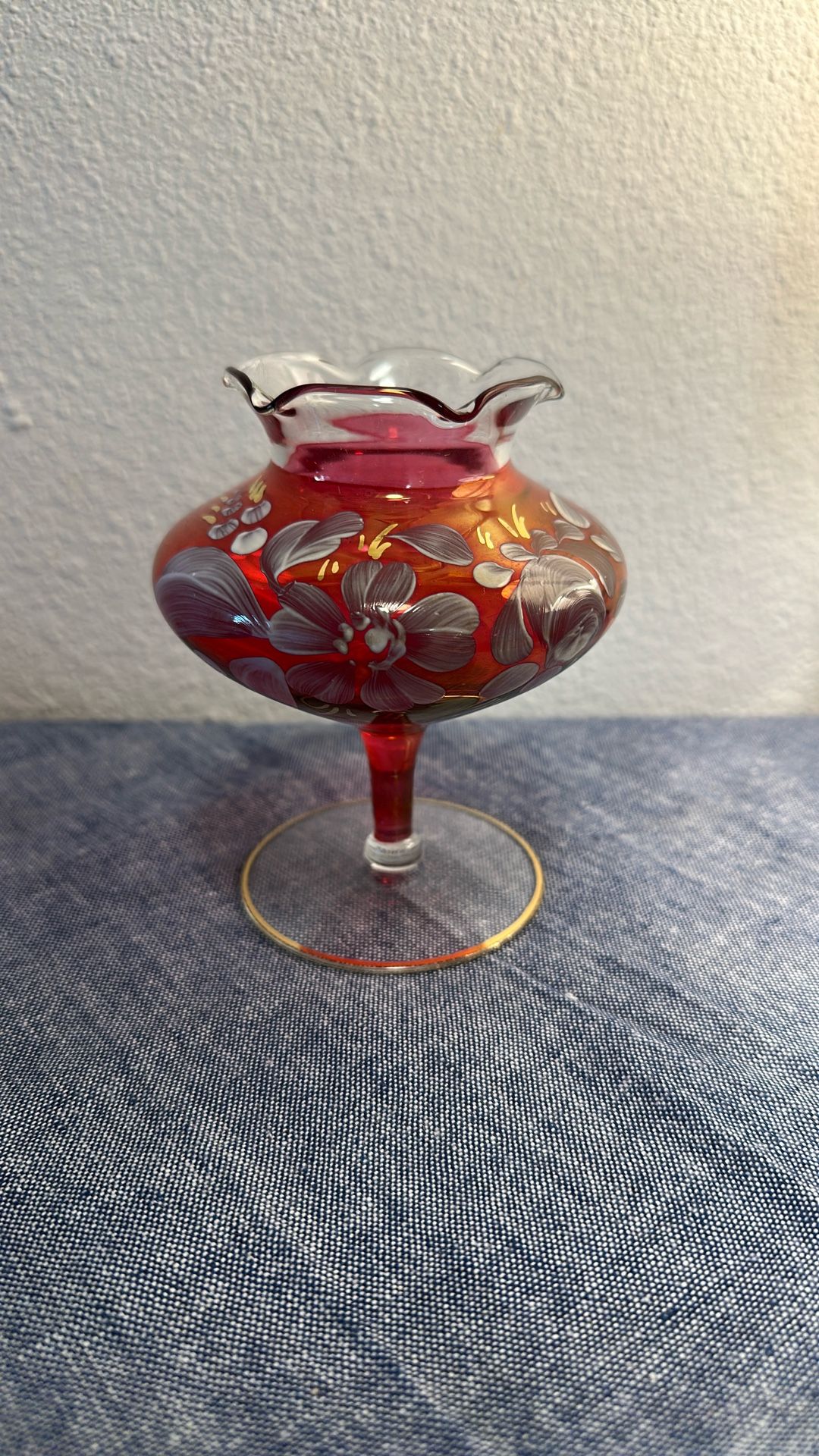 Vintage 1950 Rainbow Glass Footed Vase / Hand Painted