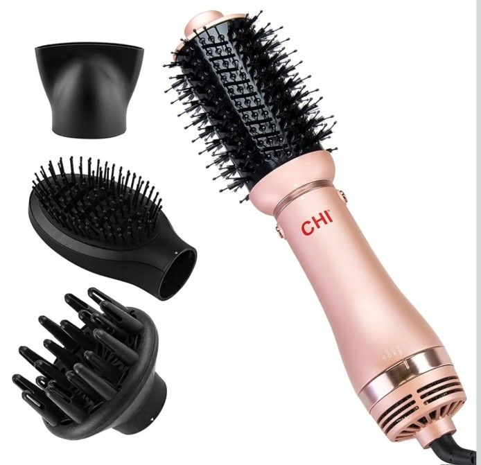 CHI Volumizer 4-in-1 Blowout Brush, Hair Dryer for Smooth, Silky & Shiny Hair, Four Interchangeable Attachments for Versatile Styling, Rose Gold