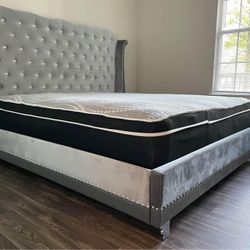 Grey Diamond Tufted Headboard Upholstered King And Queen Size Bed Frame