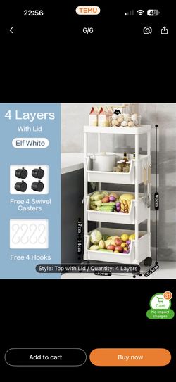Rolling Cart Organizer, Kitchen Storage Shelf with Lockable Wheels, for Living Room Office Bathroom Garage Narrow Spaces