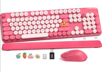Wireless Keyboard and Mouse Combo, Cute Hot Pink Full-Size Retro Typewriter Keyboard with Round Keycaps, Magnetic Wrist Rest, Tilt Legs, 2.4GHz Cordle