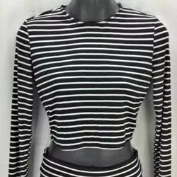 NEW NWOT BEAR DANCE CUTOUT MIDRIFF CUT OUT STOMACH BELLY BLACK WHITE STRIPE LONG SLEEVE SHIRT BLOUSE SIZE MEDIUM M