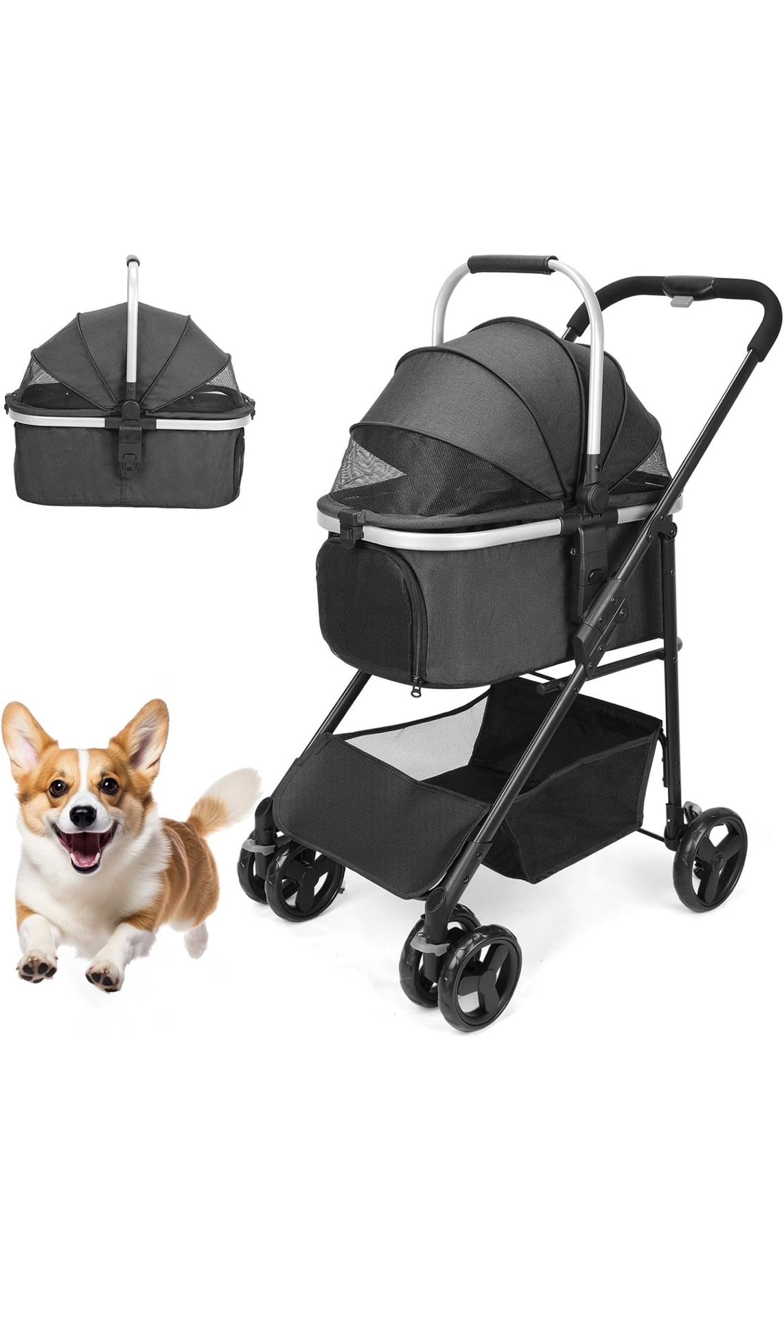 Wedyvko 3-in-1 Dog Stroller for Small Medium Dogs, Upgraded Versatile Pet Stroller with Detachable Travel Folding Carrier and Car Seat, Basket, Brake,