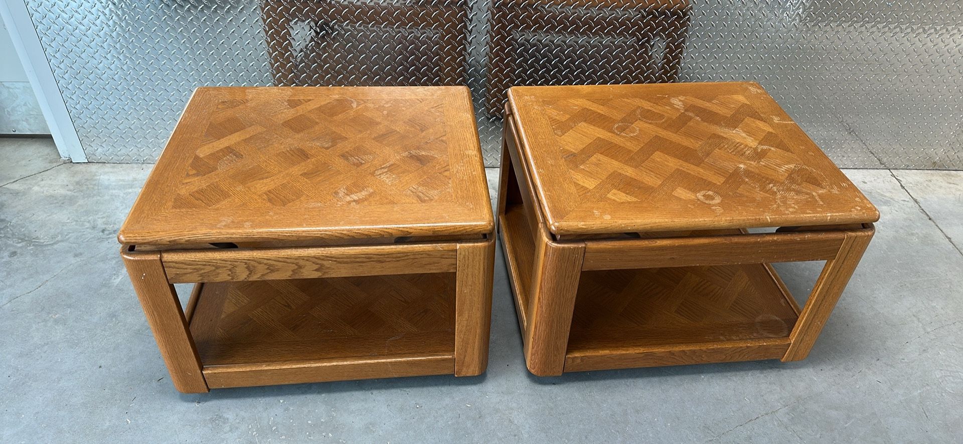 Set Of 2 Oak Wooden Side Table Bottom Shelf Need Polish