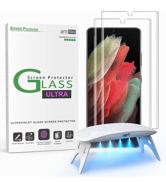 amFilm 3D Curved Screen Protector for Galaxy S21 Ultra 5G 6.8 Inch, Fully Compatible with UltraSonic Fingerprint Scanner, UV Gel Application, Tempered