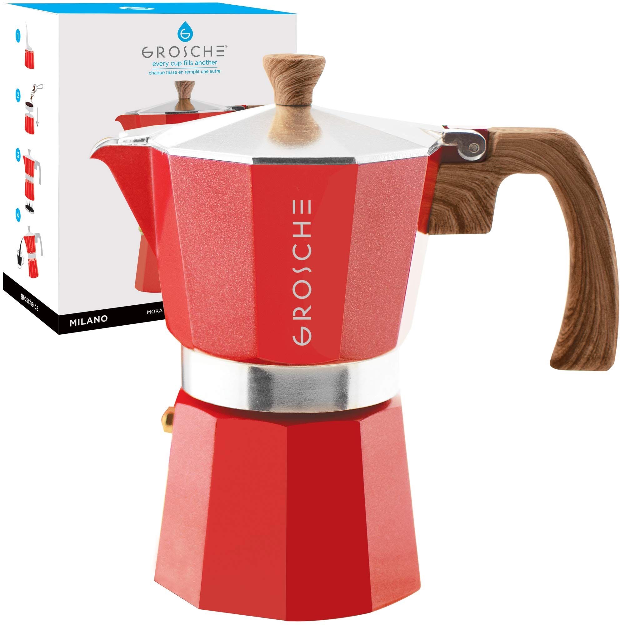 Milano Stovetop Espresso Maker Moka Pot 6 espresso Cup, 9.3 oz, Red - Cuban Coffee Maker Stove top coffee maker Moka Italian espresso greca coffee ma