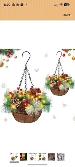2 Pack Pre Lit Artificial Christmas Hanging Basket Christmas Tree Basket Decorated with Frosted Pine Cones, Berry Clusters, 2 Pcs White LED String Lig