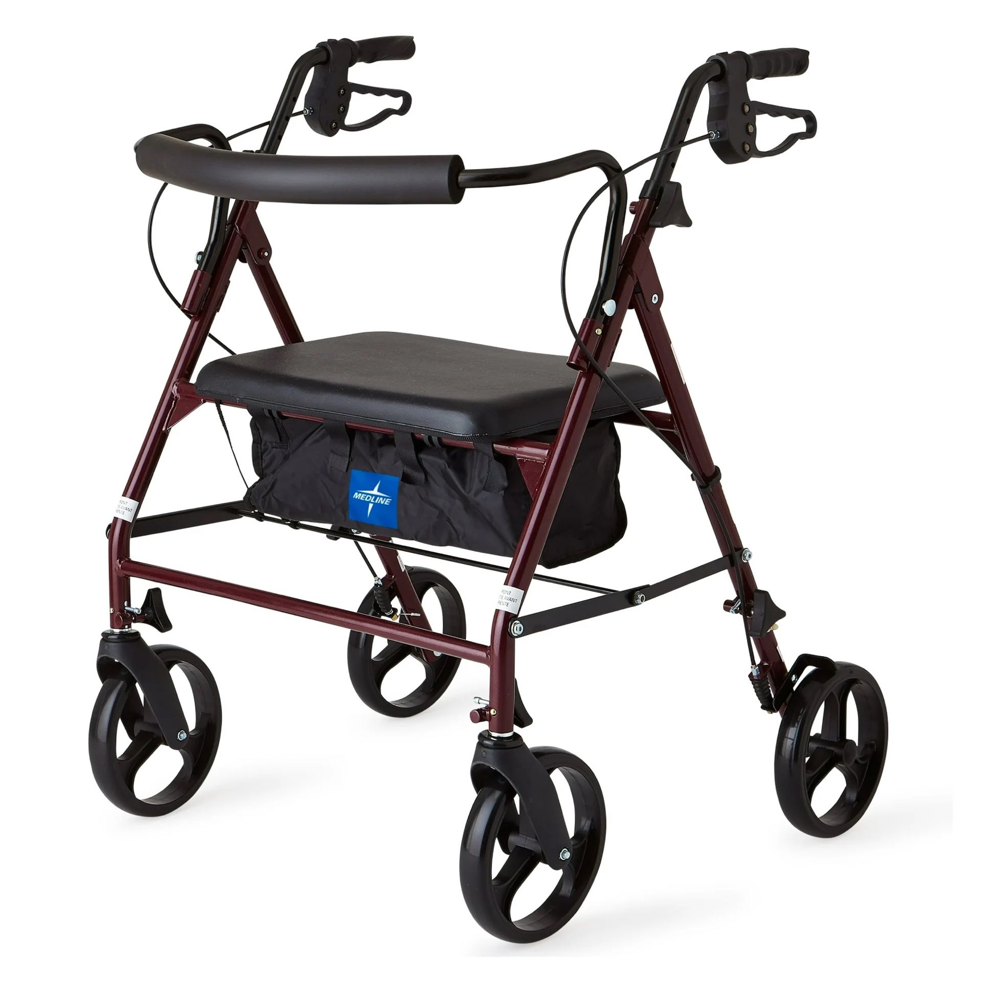 Medline Steel Bariatric Rollator Walker with Adjustable Handles Padded Seat & Backrest Burgundy 500 lb. Weight Capacity Foldable 8