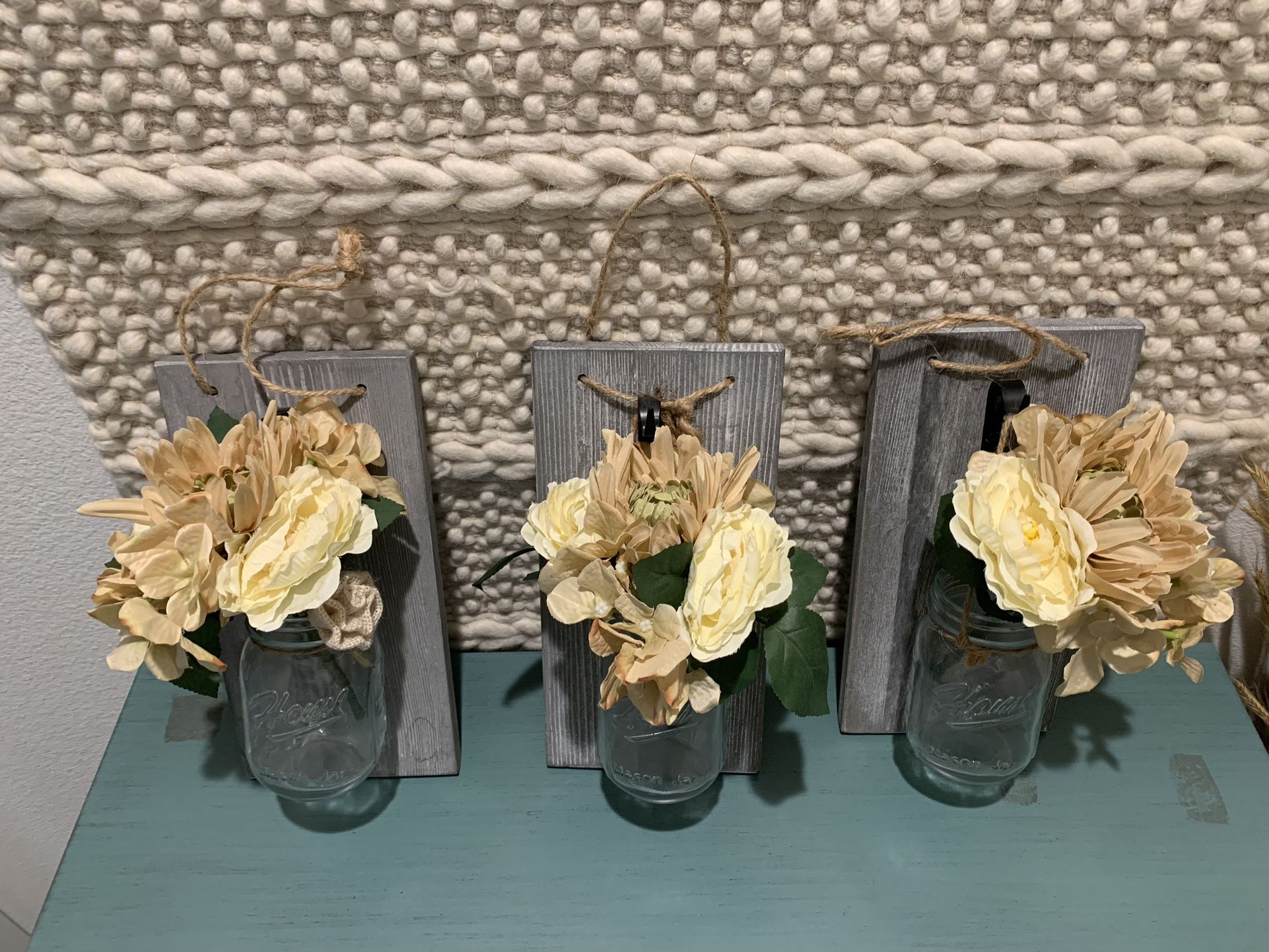 Mason Jar Hanging Wall Decor with Flowers. Set of 3 LOOK!!