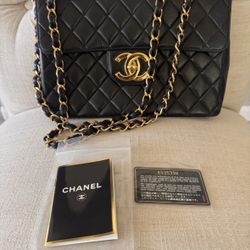 Vintage Authentic CHANEL Jumbo Black Lamb Skin Flap Bag with Gold Hardware