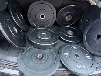 Very nice Olympic bumper set. $300 Pair of 45s Pair of 35s Pair of 25s 2 pairs of 10s