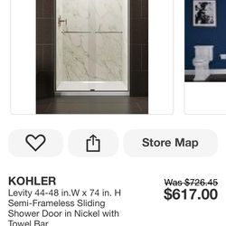 KOHLER Levity 44-48 in. W × 74 in. H Semi-Frameless Sliding Shower Door in Nickel with Towel Bar