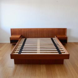Mid-Century Modern Teak Queen Bed w/ Nightstands – Danish 1970s