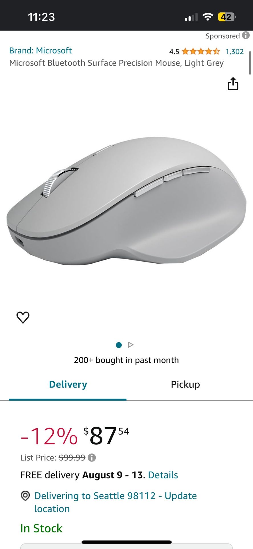 Microsoft Bluetooth Surface Precision Mouse, Light Grey
