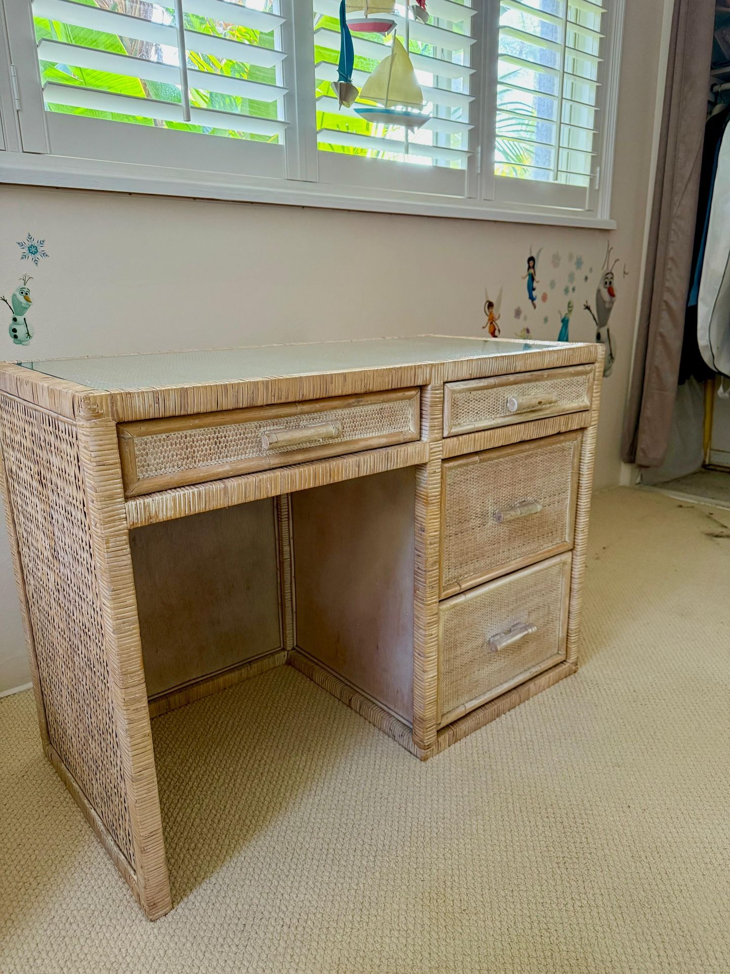 Small Rattan Desk With Glass Top