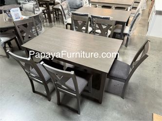 New 7Pcs Dining Set, Table And Chairs, Casual Dining Table, Chairs, Rectangular Table, Wooden Table, Grey Dining Set, Dinette Set, Table And 6 Chairs