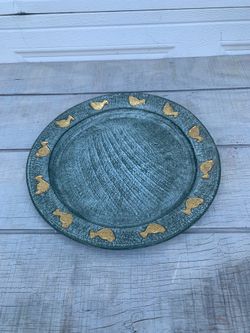 Vtg 16" Textured Art Glass Platter Extra Large Teal Charger Bowl Gold Duck Motif