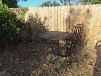 Vintage Wrought Iron Patio Set Table w/ 4 Rockers Chairs