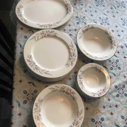 Beautiful Vintage China Set Pink Flowers With Silver Edging