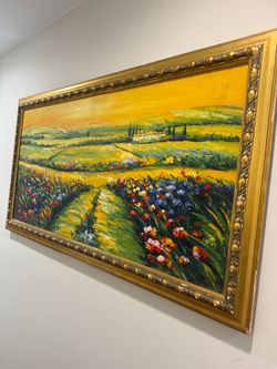 Tuscan Golden Hour – Large Impasto Landscape Oil Painting in Ornate Gilt Frame