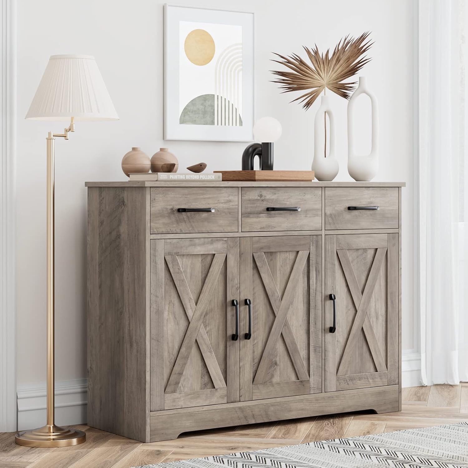 🔥 Modern Farmhouse Buffet Sideboard Cabinet, Barn Doors Storage Cabinet with Drawers and Shelves, Wood Coffee Bar Cabinet with Storage for Dining Roo
