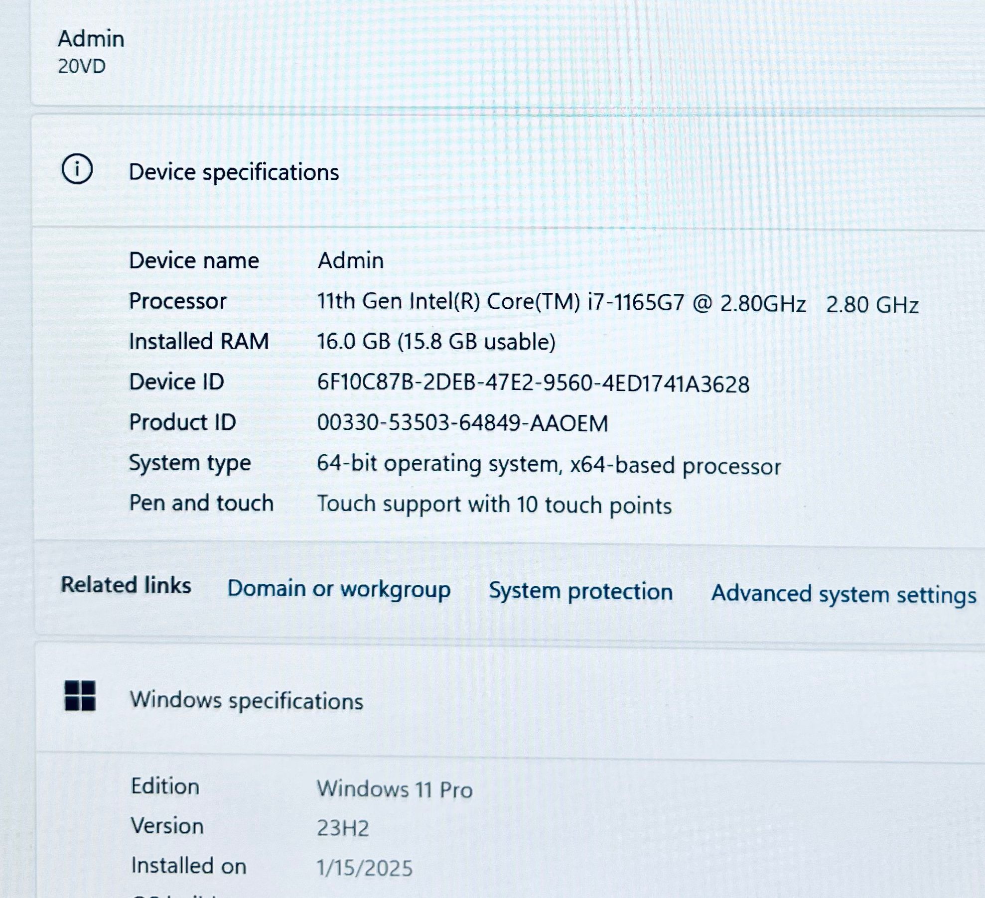 Lenovo 20VD i7 1165G7 2.80Ghz 16GB 500GB SSD Windows 11 Pro 