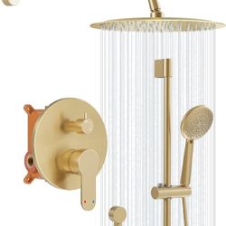 Shower System Gold,Wall Mounted Slide Bar Shower Faucet Set with 8" Rain Shower and 5-Setting Handheld Shower Combo, Rainfall Shower Set with Valve,Br