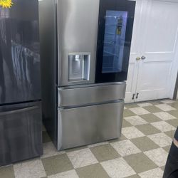 Brand new LG fridge. InstaView MyColor, standard depth. 28.6 cu ft, 4-door French door style. 36 inch wide. Has smart features, dual ice maker, water 
