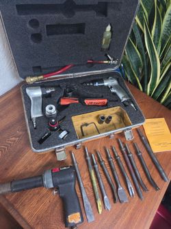 Pneumatic air tool set, riveting hammer gun, drill, chipping air hammer, tire inflator gauge, 10 chisel bit set, compressor air tools, made in USA