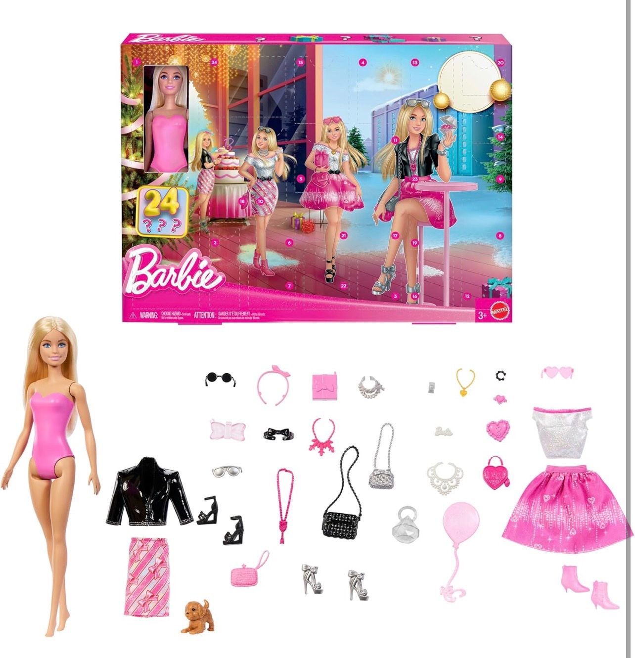Barbie Doll Holiday Advent Calendar with 24 Clothing and Accessory Surprises Including Jacket, Skirt, Shoes, Purses, and a Pet Puppy, Blonde Doll