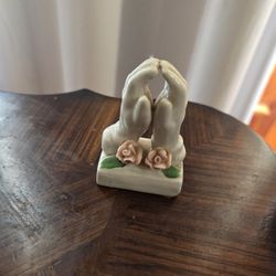 Vintage White Porcelain Praying Hands Figurine with Pink Roses & Green Leaves, Religious Decor
