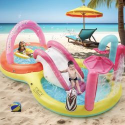 Inflatable Kiddie Pool with Water Slide, 110" x 66" x40" Play Center Fun Summer Water Toys for Kids