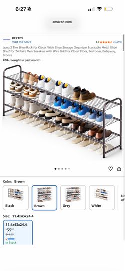 Long 3 Tier Shoe Rack for Closet Wide Shoe Storage Organizer Stackable Metal Shoe Shelf for 24 Pairs Men Sneakers with Wire Grid for Closet Floor, Bed