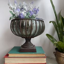 Vintage Blue/Green Bubble Glass Metal Decorative Bowl, Home Garden Decor