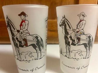 2 VTG Mid Century Frosted Glass Souvenirs of Canada Mountie Province Emblems