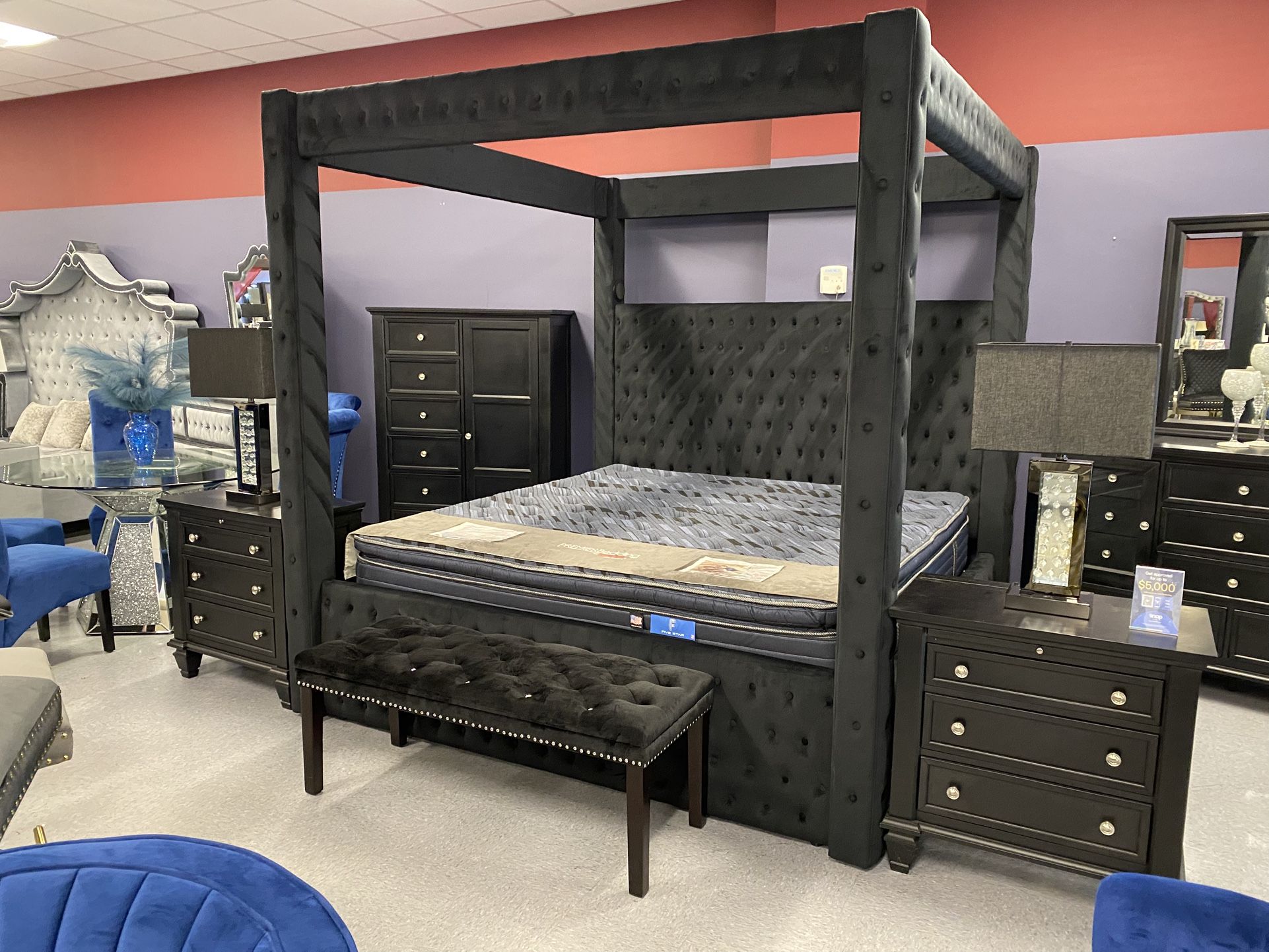 Slivano 🔊Bluetooth 🔊Speaker Velevt Tufted Upholstered Canopy Bed Frame, Measures: 92”L (x) 87”Wide (x) 87”High
