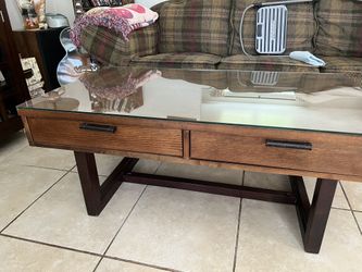 Brown wood Black frame Glass top Coffee Table