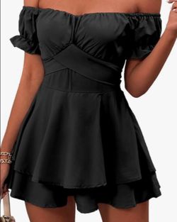 Black off-the-shoulder ruffle skort romper