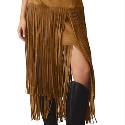 Locachy Womens Faux Suede Fringe Trim Midi Skirt