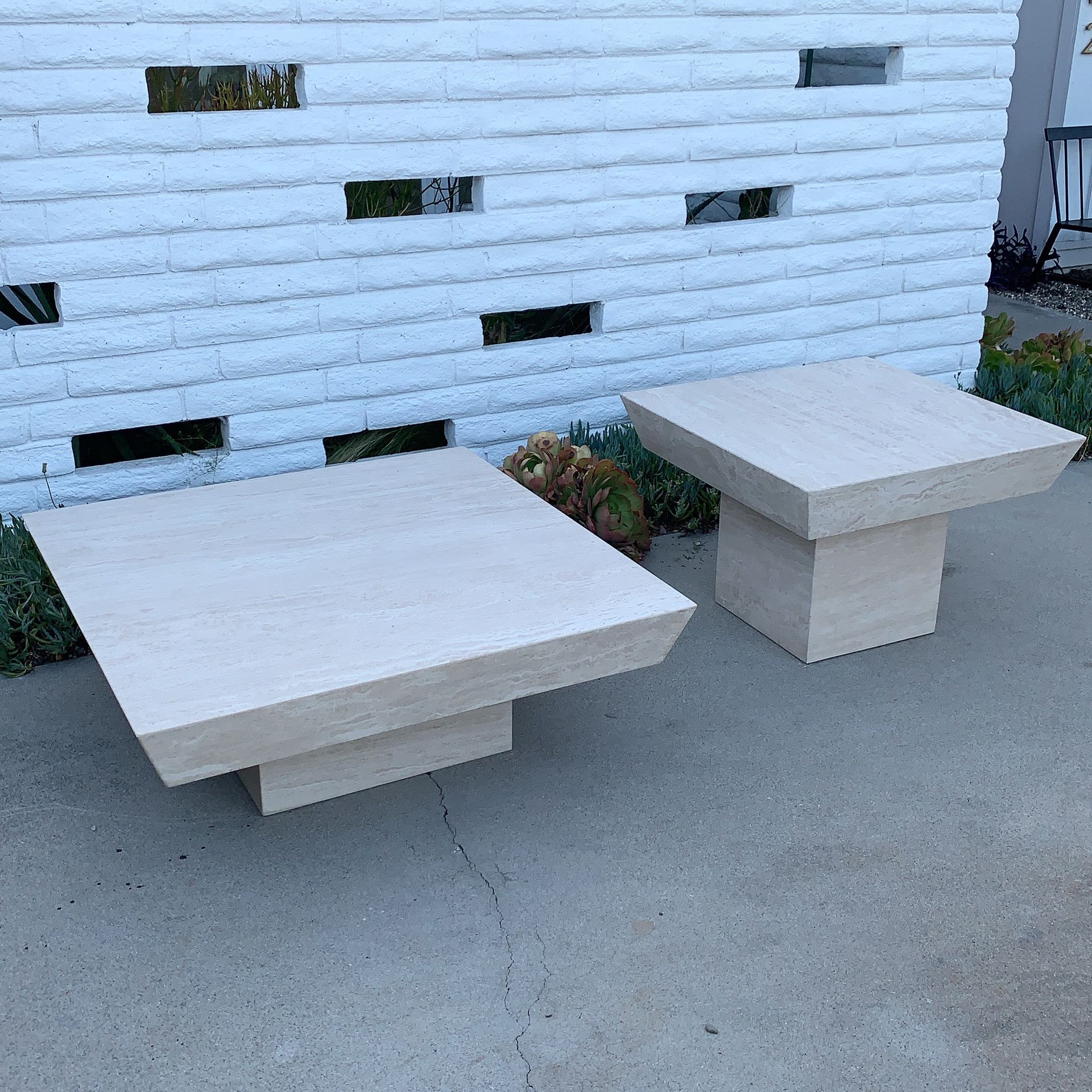 Travertine coffee table and side table set