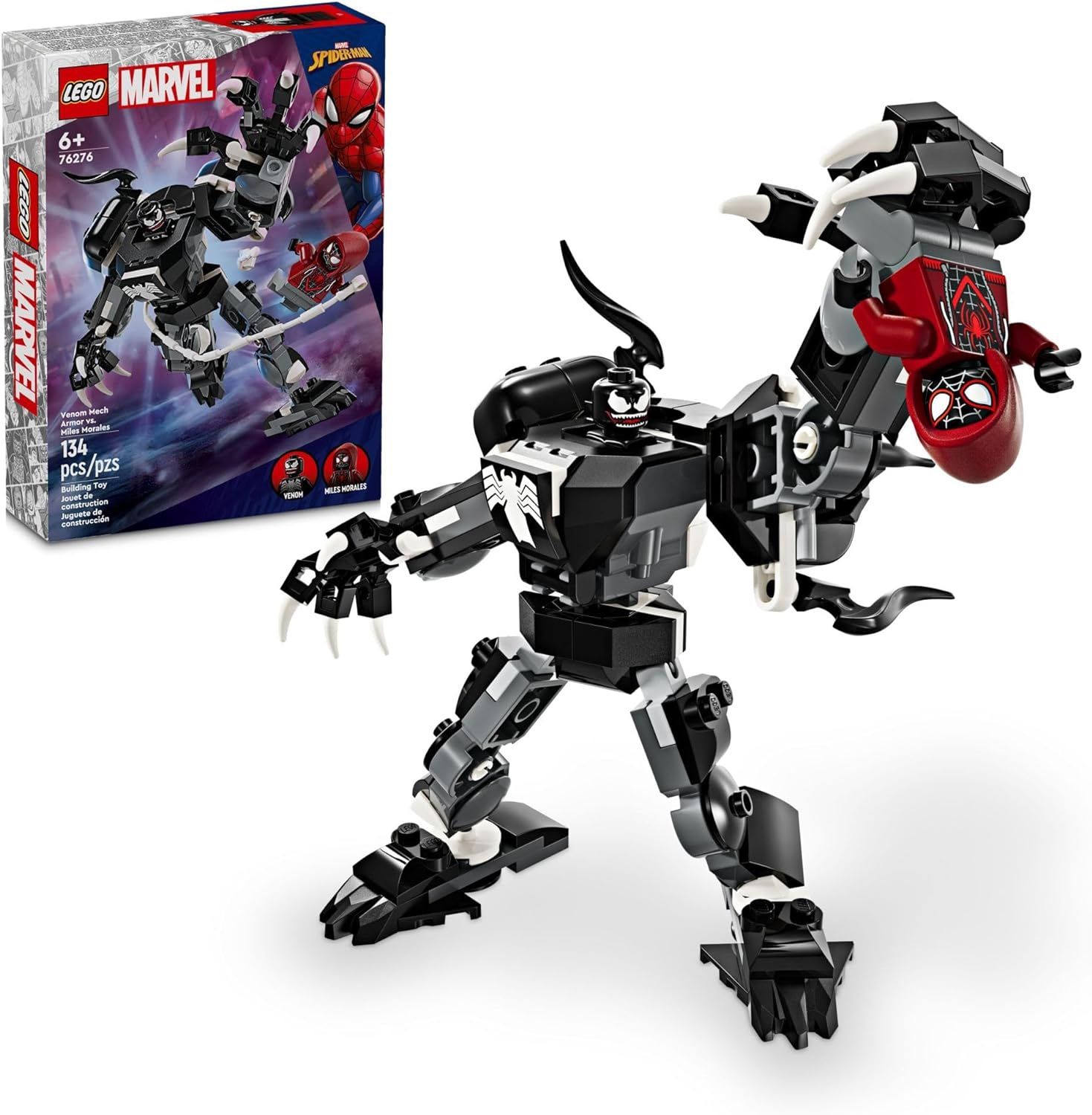 LEGO Marvel Venom Mech Armor vs. Miles Morales, Posable Action for Kids, Marvel Building Set with Minifigures, Travel Toy, Super Hero Battle Gift for