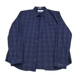 Calvin Klein Men's Blue Plaid Long Sleeve Button Up Cotton Shirt Size Large