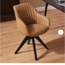 Office Chair No Wheels, Mid Century Modern Desk Chair, Swivel Accent Chair with Oak Wood Legs, Faux Leather Upholstered Armchair for Desk, Brown